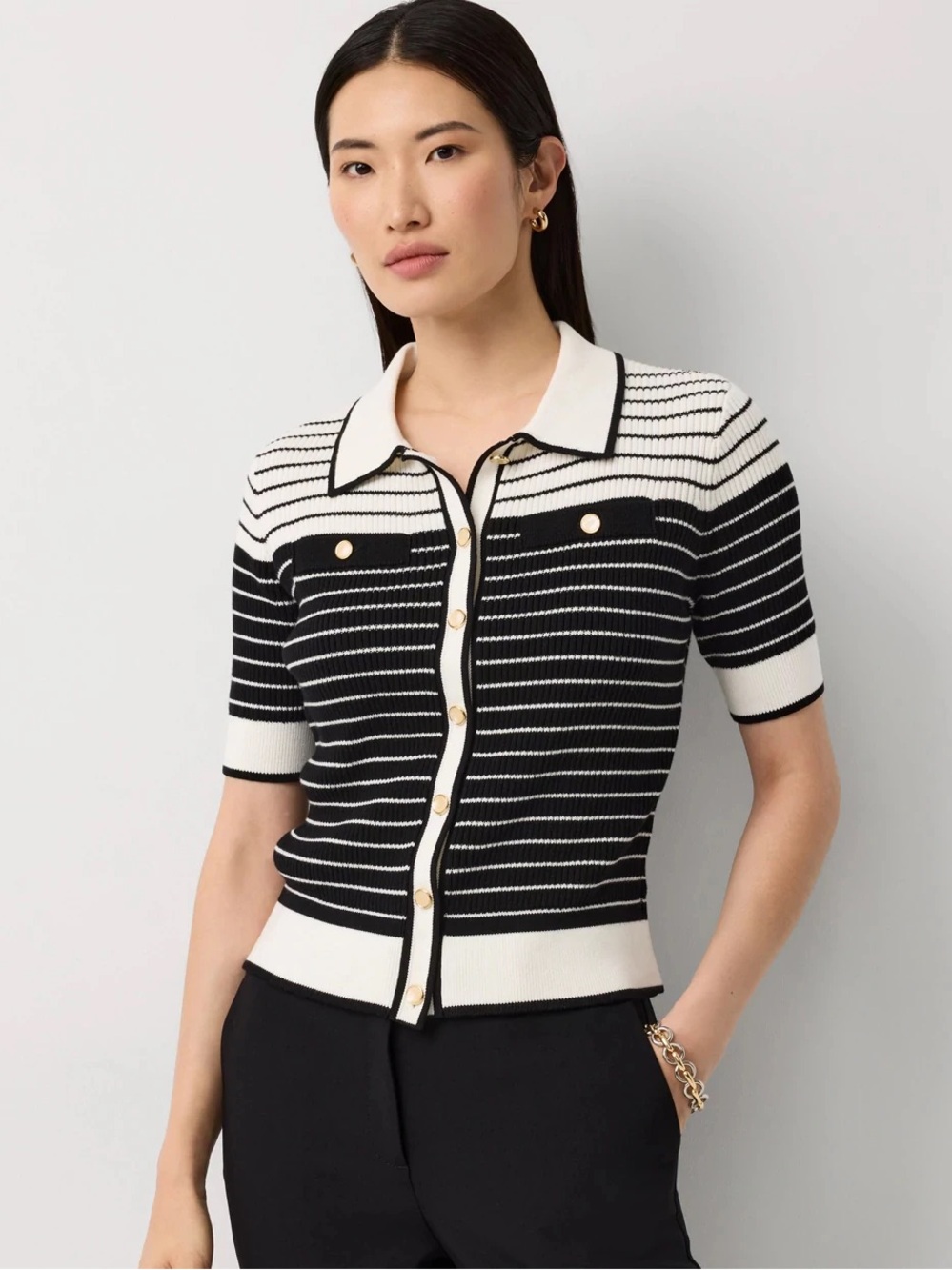 White House Black Market Black and White Striped Polo Cardigan